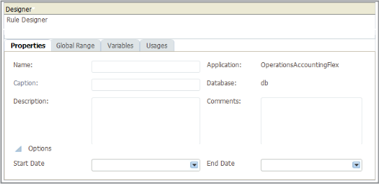 This screenshot shows the Rule Designer in Calculation Manager. The Properties tab has fields for start and end date.