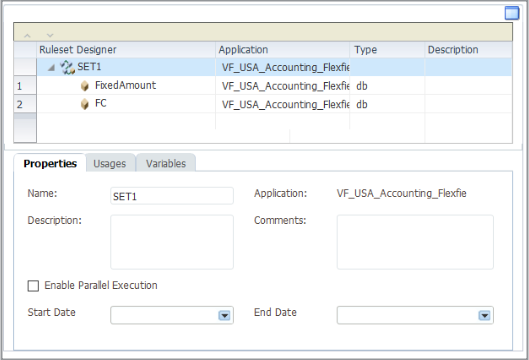 This screenshot shows the Rule Set Designer in Calculation Manager. The Properties tab has fields for start and end date.