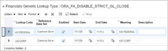 The search results for the ORA_FA_DISABLE_STRICT_GL_CLOSE lookup type showing two enabled lookup codes, each representing an asset book.