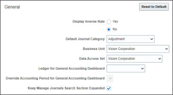 An image of the General section on the General Ledger Preferences page showing the Keep Manage Journals Search Section Expanded check box.