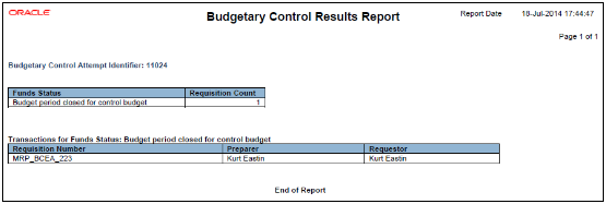 This image displays the Budgetary Control Results for Batch Report.