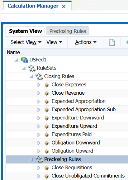 This image shows an example of the rule set for year-end close rules.