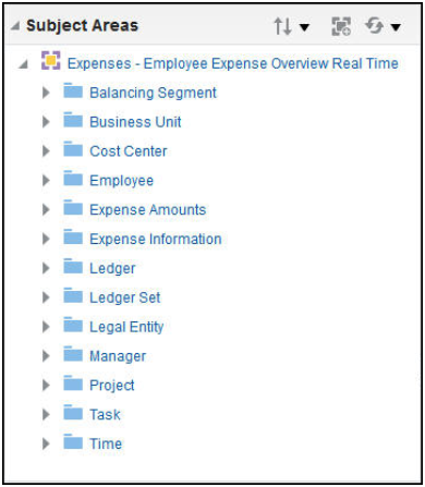 This figure shows the structure of the subject area, Expenses - Employee Expense Overview Real Time, and its folders.