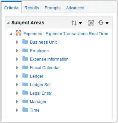 This figure shows the structure of the subject area, Expenses - Expense Transactions Real Time, and its folders.