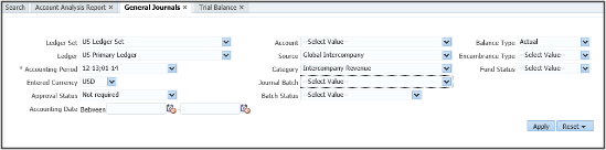 The image shows the columns defined in the General Journals report.