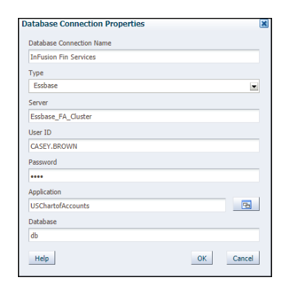 This figure shows the Database Connection Properties window with field values from the listed steps.