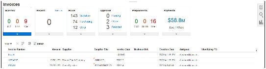 The screenshot shows the Invoices work area that displays a row of infotiles and a table of related details.