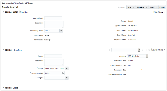 The screenshot shows the Create Journal transaction page. Relevant fields are included in the Journal Batch, Journal, and Journal Lines sections.