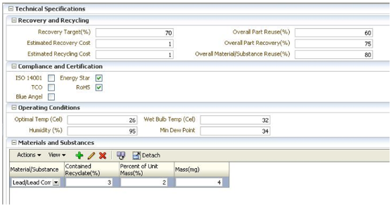 The figure displays technical specifications logical page in the user interface for the Electronics and Computers category, with attributes in the context of Recovery and Recycling, Compliance and Certification, Operating Conditions, and Materials and Substances