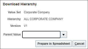 An image of the Download Hierarchy dialog box. The Value Set, Hierarchy, and Version fields display the previously selected values. The Parent Value field is optional.