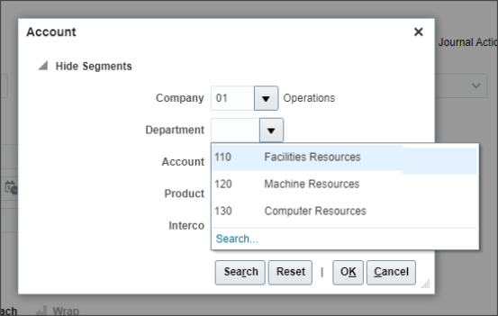 An example of the list of values for the Department segment when Company segment 01 is selected. In this example, the Department values listed are 110, 120, and 130.