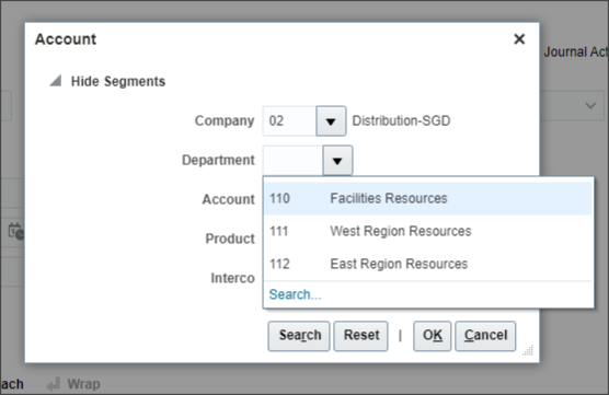 An example of the list of values for the Department segment when Company segment 02 is selected. In this example, the Department values listed are 110, 111, and 112.