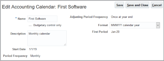 This screenshot shows the Edit Accounting Calendar page for the First Software calendar.