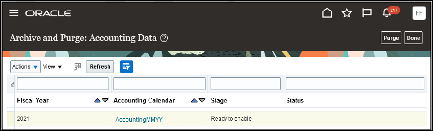 This image provides an example of the Archive and Purge: Accounting Data page and shows that the combination of fiscal year 2021 and accounting calendar AccountingMMYY is ready to enable for archiving.