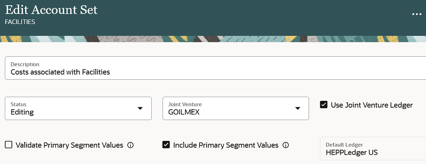 This image shows an example of the Edit Account Set page completed as described in the surrounding text.
