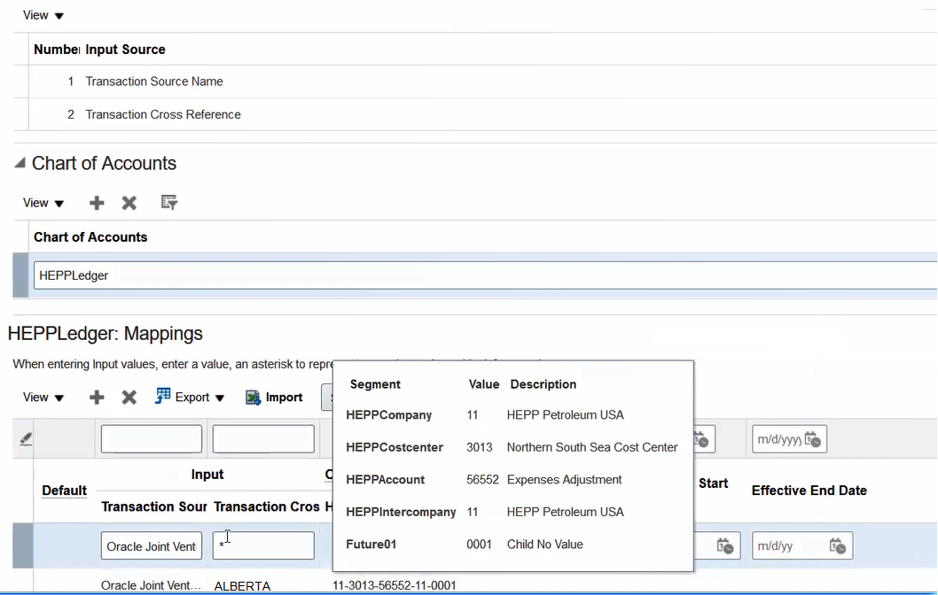 This image shows the Edit Mapping Set page of a mapping set where the transaction cross reference is used as an input source to map joint venture "ALBERTA" with the receivable account "11-3013-56552-11-0001.