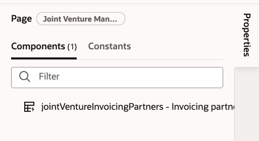 This image shows the Properties pane with the Components tab opened, showing the component for the invoicing-partners page.