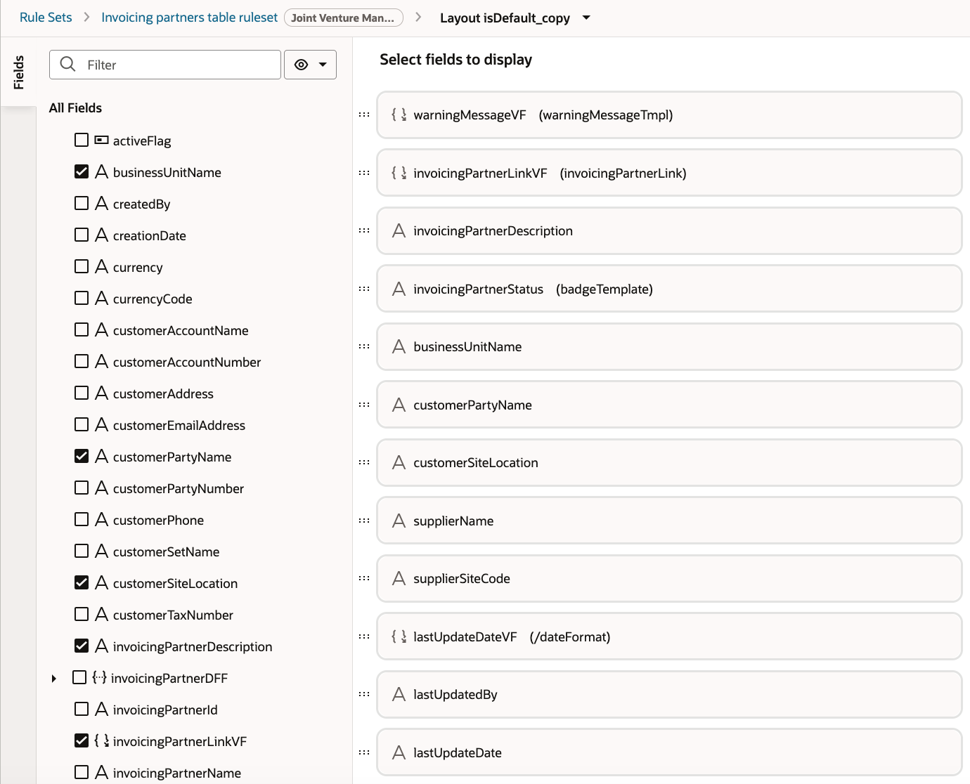 This image shows the VB Studio project with the page layout panes opened for the invoicing partners table ruleset, the details of which are described in the surrounding texts.