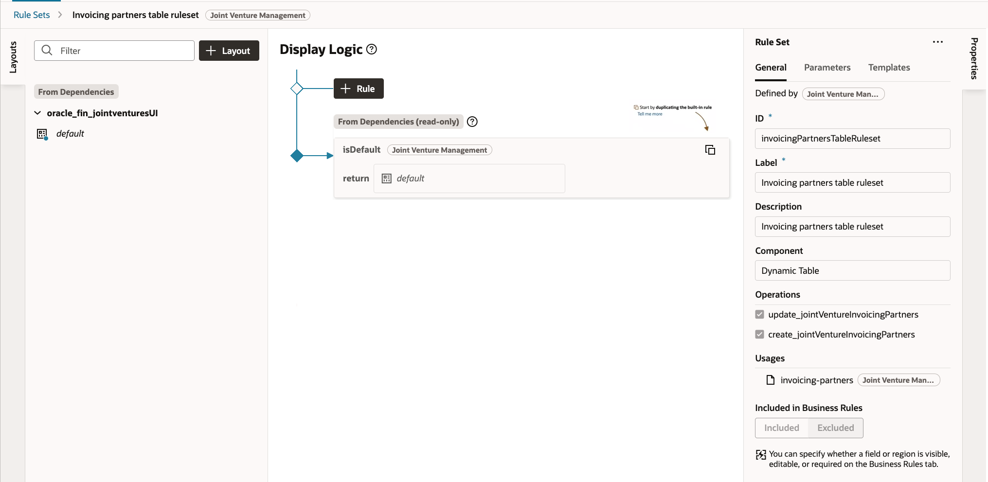 This image shows the VB Studio project with the Invoicing partners table ruleset opened, the details of which are described in the surrounding texts.