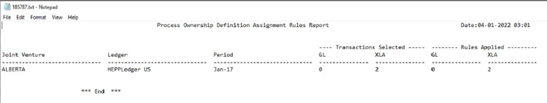 This image shows the Process Ownership Definition Assigment Rules Report opened in Notepad. It shows one record with these columns and their values: Joint Venture - Alberta; Ledger - HEPPLedger US; Period - Jan-17; Transactions Selected GL - 0; Transactions Selected XLA - 2; Rules Applied GL - 0; Rules Applied XLA - 2.