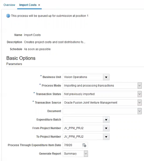 This image shows the process page with the Import Costs process selected with a Process Mode of Importing and processing transactions. The columns and the values entered for each column are described in surrounding text.