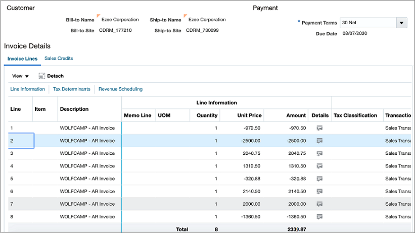 This image shows the Invoice Details page of an invoice that has multiple credit and debit lines, the details of which are described in the surrounding text.