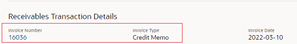 This image shows the drill down page of the Joint Venture Distributions page. The values in the Receivables Transaction Details section shows that the distribution selected for review is a reversed distribution for which a credit memo was created.