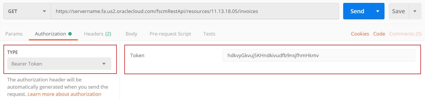 Postman example with authorization key and bearer token