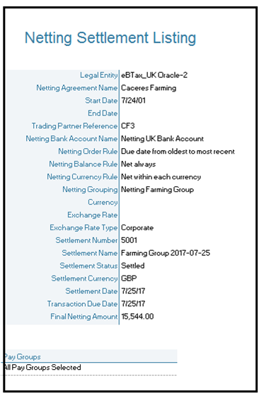 The image describes the header tab of a sample Netting Settlement Report.