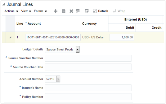 This image shows journal line 1 with fields for capturing additional information. The Ledger Details field displays Spruce Street Foods, which is the ledger for the journal, and the Account Number field displays 52310.