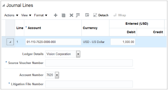 This image shows journal line 1 with fields for capturing additional information. The Ledger Details field displays Vision Corporation, which is the ledger for the journal, and the Account Number field displays 7620.