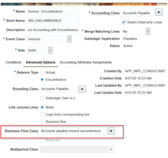 The image displays the Create Custom Journal Lines for Invoice Encumbrance page, Advanced Options tab.