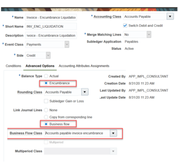 The image displays the Create Custom Journal Lines for Liquidation of Invoice Encumbrance, Advance Options tab..