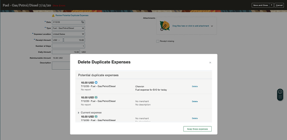 The figure shows potential duplicate expenses that the employee can review.