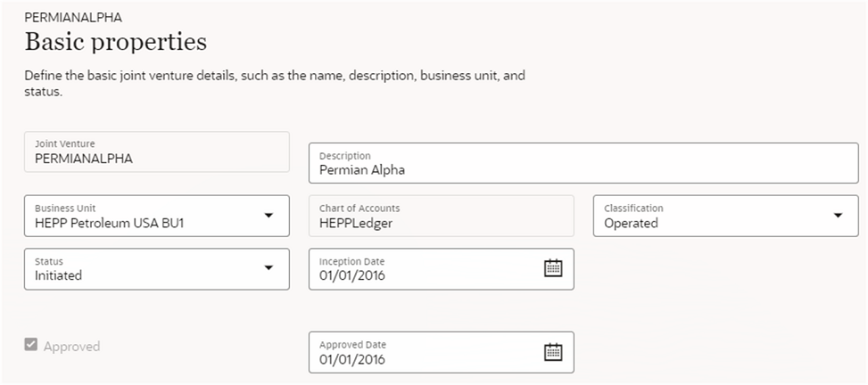 This image shows an example of a completed Basic properties page of a joint venture definition, with the pertinent values described in the surrounding text.