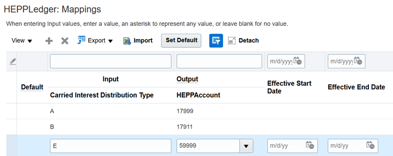 This image shows the Mappings section for the chart of accounts called HEPPLedger. It contains three mappings with inputs for carried interest distribution types A, B, and E which map to these outputs in the HEPPAccount segment respectively: 17999, 17911, and 59999.