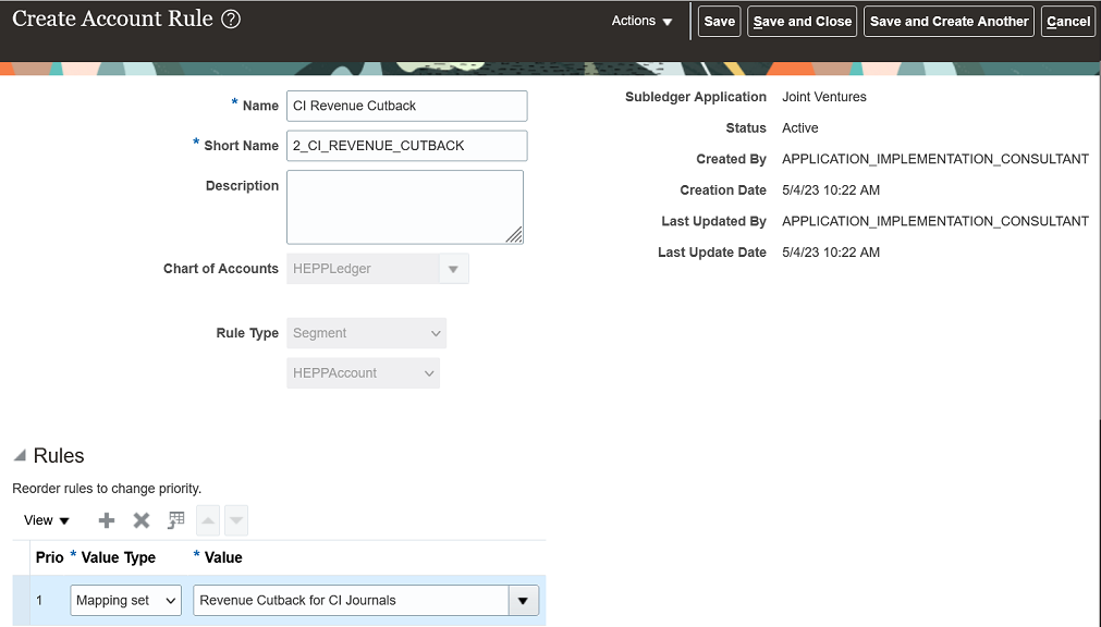 This image shows an example of an account rule completed on the Create Account Rule page.