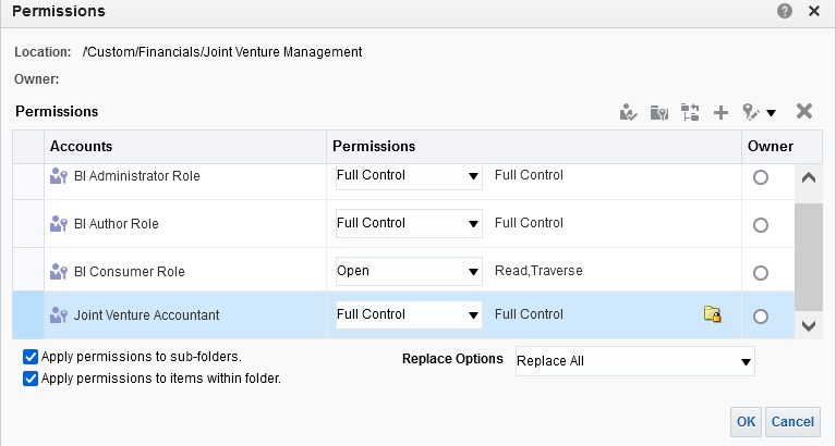 This image shows the Permissions dialog with Full Control selected for the Joint Venture Accountant user and the following checkboxes selected for this user: Apply permissions to sub-folders; Apply permissions to items within folder.