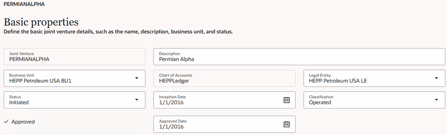 This image shows an example of a completed Basic properties page of a joint venture definition, with the pertinent values described in the surrounding text.