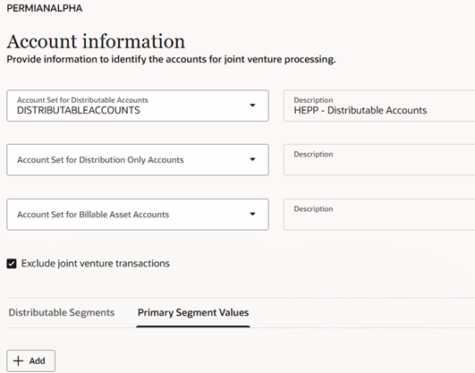 This image shows an example of a completed Account information page of a joint venture definition, with the pertinent values described in the surrounding text.