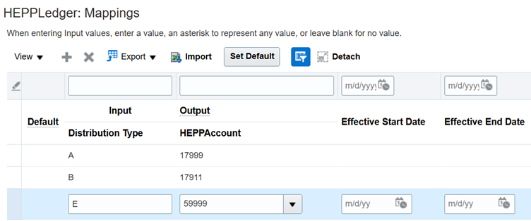 This image shows the Mappings section for the chart of accounts called HEPPLedger. It contains three mappings with inputs for distribution types A, B, and E which map to these outputs in the HEPPAccount segment respectively: 17999, 17911, and 59999.
