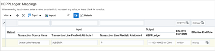 This image shows the Mappings section for the HEPPLedger chart of accounts, which includes three columns for input sources: Transaction Source Name, Transaction Line Flexfield Attribute 1, Transaction Line Flexfield Attribute 4. The next column is the output and is named HEPPLedger. There’s one row with "Oracle Joint Ventures" in the Transaction Source Name column, “ALBERTA” in the Transaction Line Flexfield Attribute 1 column, "P" in the Transaction Line Flexfield Attribute 4 column, and “11-1001-49003-11-0001” in the HEPPLedger column.