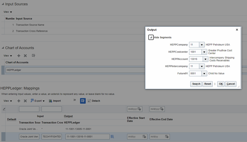 This image shows the Output dialog box for selecting each segment that makes up a receivable account.