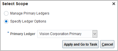The scope selection dialog box for the primary ledger showing Manage Primary Ledger and Specify Ledger Options buttons and a Primary Ledger field.