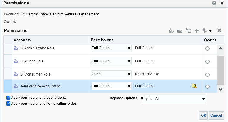 This image shows the Permissions dialog with Full Control selected for the Joint Venture Accountant user and the following checkboxes selected for this user: Apply permissions to sub-folders; Apply permissions to items within folder.