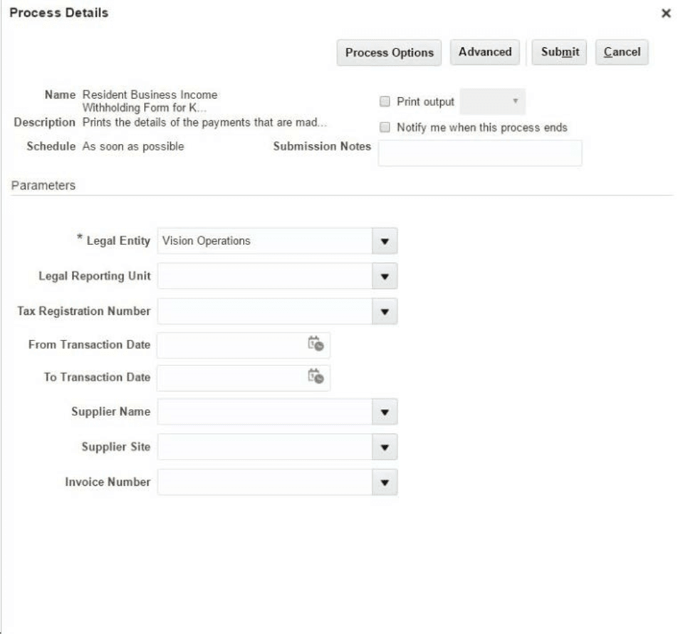 This image shows the Process Details page for Business General Income Withholding Form for Korea.