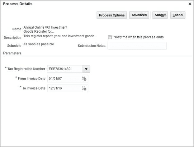 This image shows the process submission page.