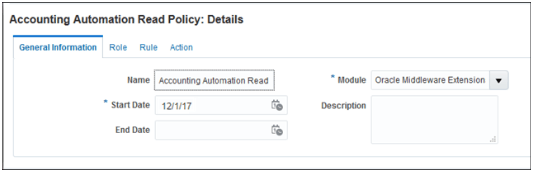This figure shows the Policy page for an existing policy called Accounting Automation Read policy.
