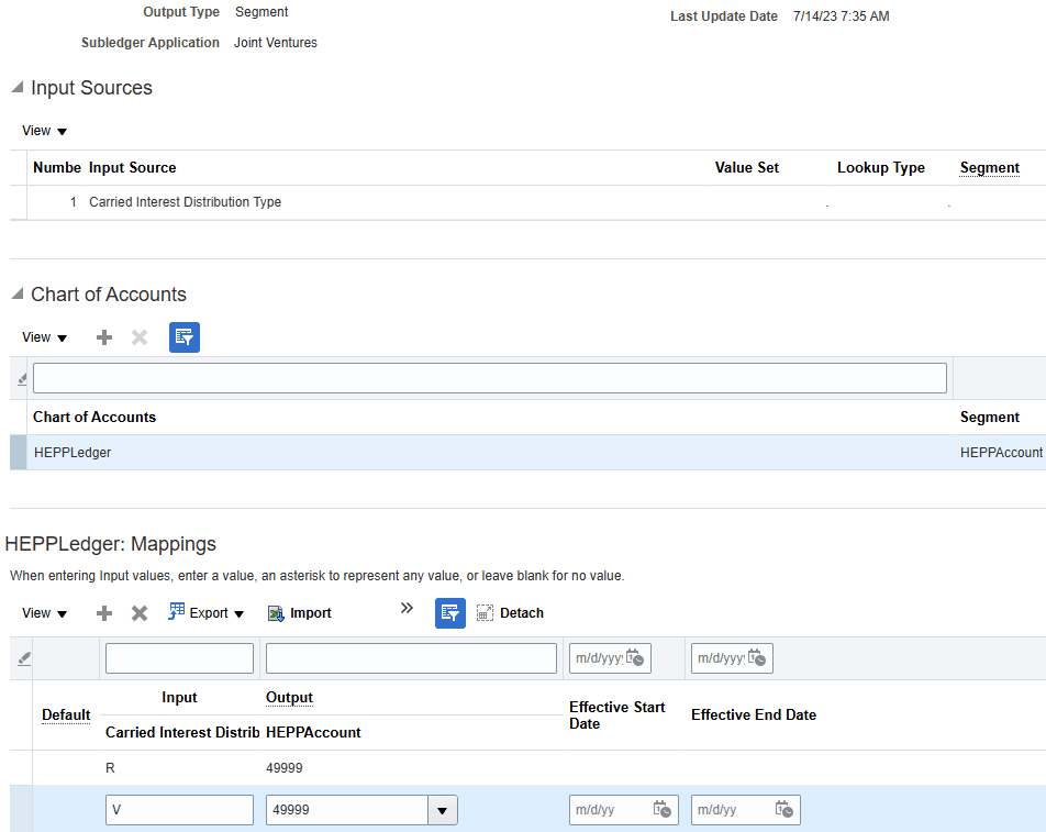 This image shows and example of a mapping set overriding the account from the source transactions for the revenue distribution type, the details of which are described in surrounding text.