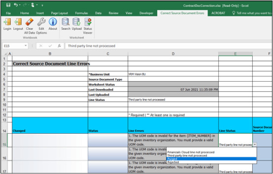 This screenshot shows how to change the line status to Purged.